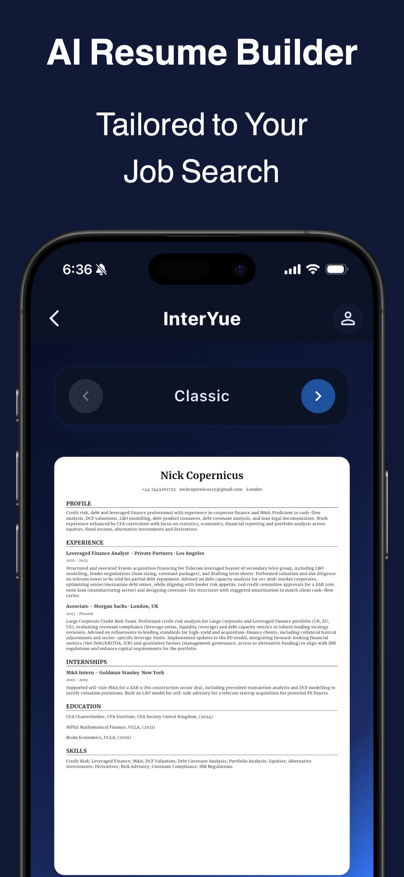InterYue iPhone screenshot showing AI-assisted interview preparation content.